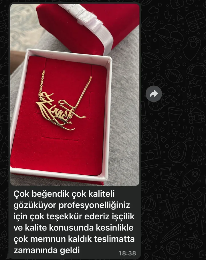 Customer message: thanks for the gold name necklace, craftsmanship and quality